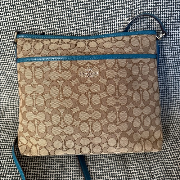 Coach Tan and Blue Signature Crossbody Bag - Picture 1 of 6